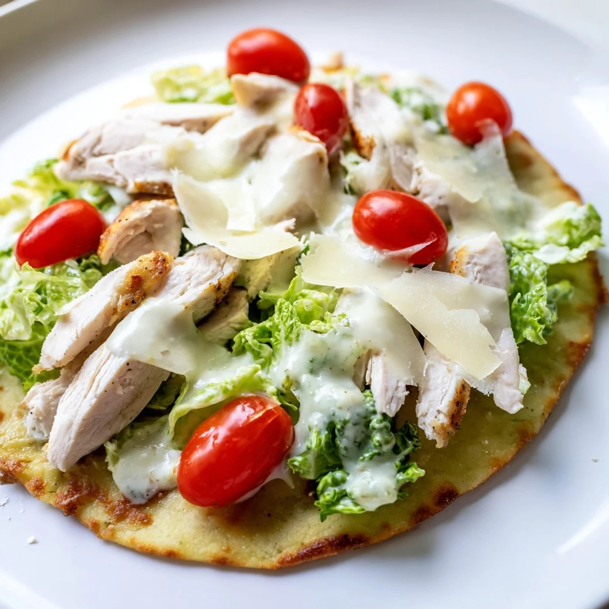 Crisp golden Caesar Chicken Flatbread topped with grilled chicken slices and creamy Caesar dressing.
