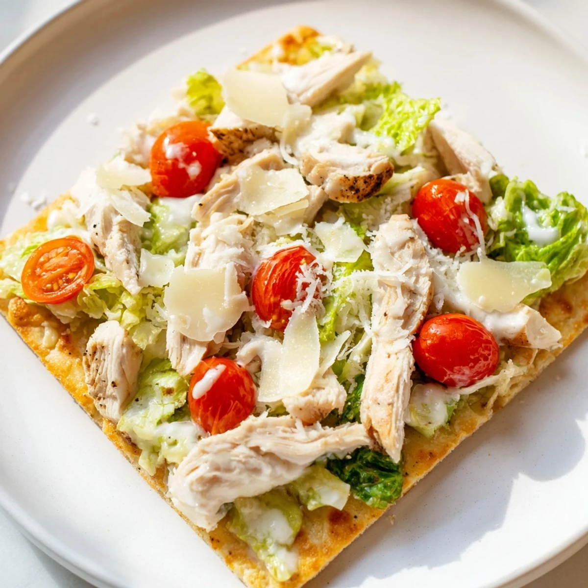 Golden Caesar Chicken Flatbread with fresh romaine, Parmesan cheese, and lemon wedges on the side.