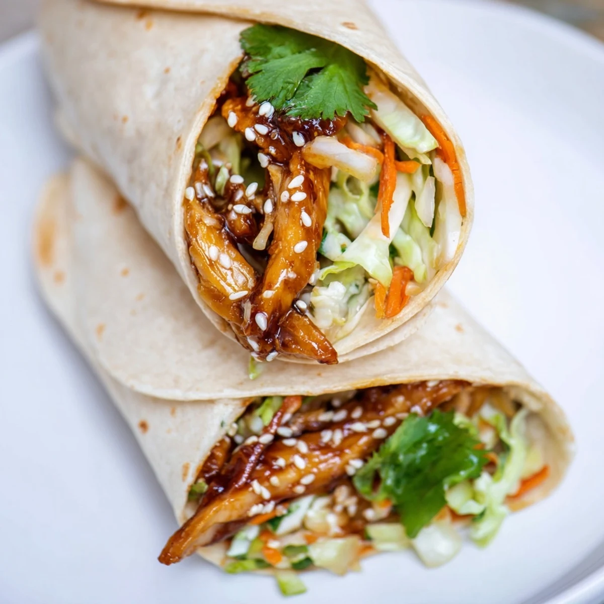 Glasiertes Hühnchen in Teriyaki Sauce mit Karotten, Kohl und Sesam in einer warmen Tortilla.