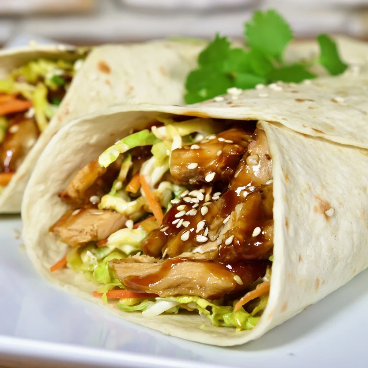 Leckere Teriyaki Chicken Wrap mit saftigem Hühnchen, frischen Karotten und knusprigem Kohl zum Mitnehmen.