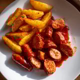 Close-up of freshly made Currywurst, coated in aromatic curry ketchup, ready to eat.