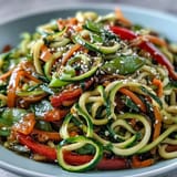 Zarte Zucchininudeln mit roten Paprika, Karotten und Zuckerschoten in einer würzigen, asiatisch inspirierten Sauce.