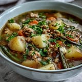 Shepherds Pie Suppe mit Hackfleisch und Gemüse in einer Schüssel, mit goldbraunen Kartoffeln und Erbsen.
