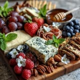 Farbenfrohe Frühlings-Charcuterie-Platte mit essbaren Blumen und Früchten, perfekt für festliche Anlässe.