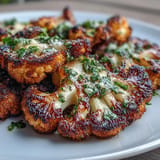 Zarte Blumenkohlsteaks mit rauchigem Paprika-Geschmack, garniert mit leuchtend grüner Chimichurri-Sauce.  
