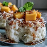 Hausgemachte Kokos-Mango-Klebreisbecher, präsentiert mit saftigen Mangos und cremiger Kokosnuss.