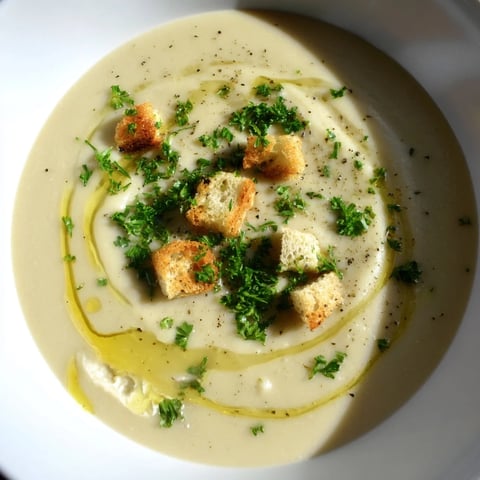 Creamy garlic potato soup, smooth and inviting, garnished with fresh parsley and croutons for serving.