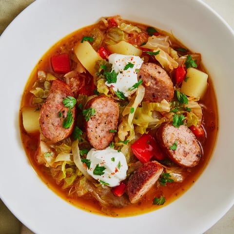 Hearty Effortless Sausage and Cabbage Stew with tender vegetables, ready to serve, perfect for dinner.