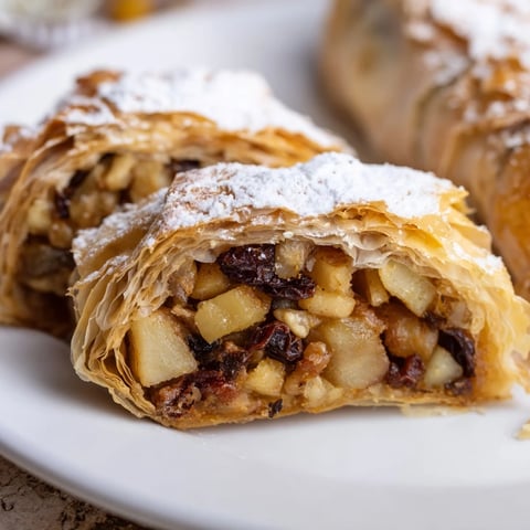 Golden, flaky Oven-Baked Apple Strudel Rolls fresh from the oven, ready to be dusted with powdered sugar.