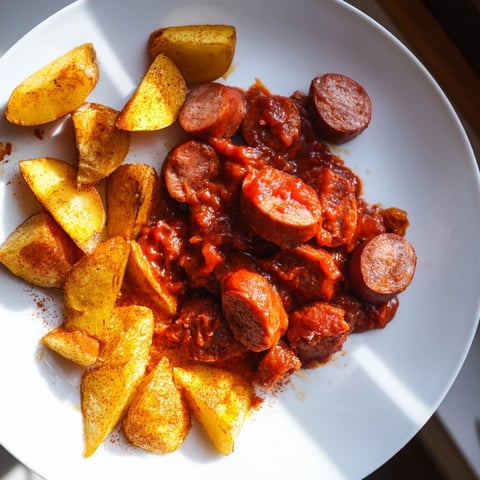 Golden-brown Currywurst with fries, a German street food favorite, ready to savor.
