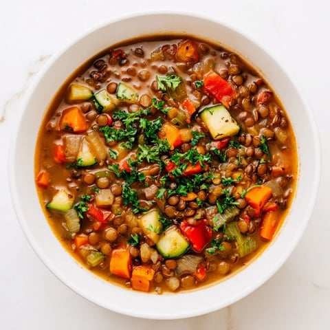 One-Pot Lentil & Vegetable Stew simmering, a comforting blend of vibrant veggies and hearty lentils.