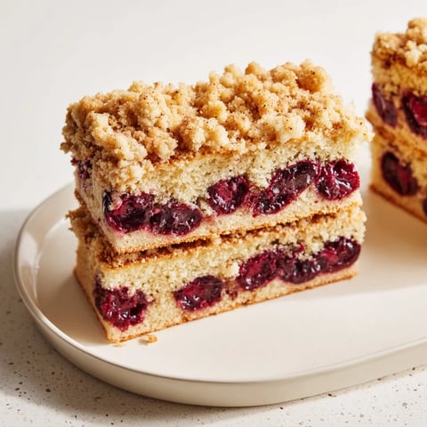 Golden-brown German Cherry Coffee Cake, a perfect dessert, with a crunchy streusel topping.