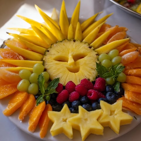 Vibrant Summer Rays Sun-Shaped Fruit Tray, ready to be enjoyed as a refreshing, colorful snack.
