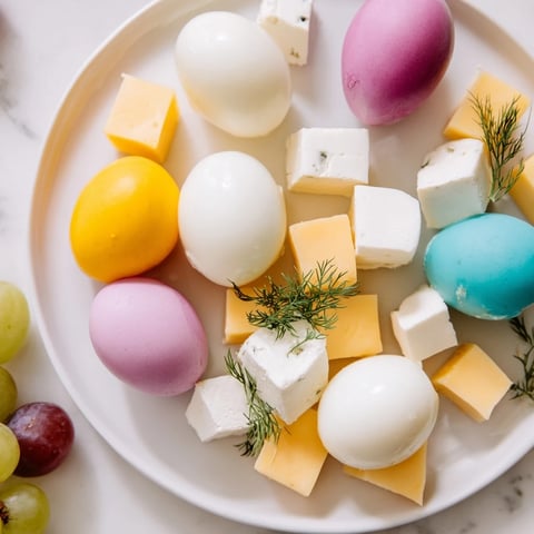 A colorful Easter Egg-cellent Brunch Board overflowing with fresh fruits, cheese, and artisan breads.