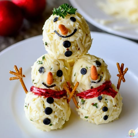 Snowman Cheese Ball Trio arranged decoratively with carrot noses and pepper eyes on a platter.