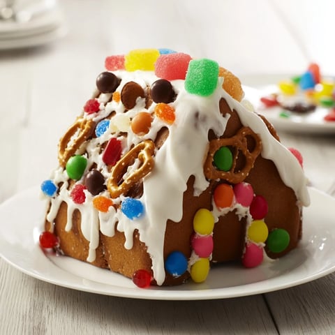 A beautifully decorated gingerbread house, ready for Christmas, assembled from a kit.