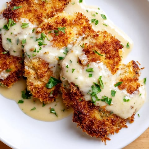 Crispy Chicken with Garlic Cream Sauce, golden brown and enticing, ready for a delicious dinner.