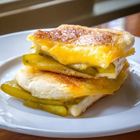 Golden-brown Pickle Bread Sandwich with melted cheese and crunchy pickles, ready to eat.