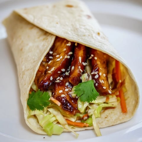 Frische Teriyaki Chicken Wrap mit knusprigem Gemüse und glasierter Hühnchenbrust, in weichem Weizentortilla serviert.