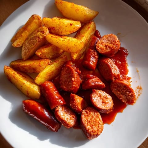 Close-up of freshly made Currywurst, coated in aromatic curry ketchup, ready to eat.