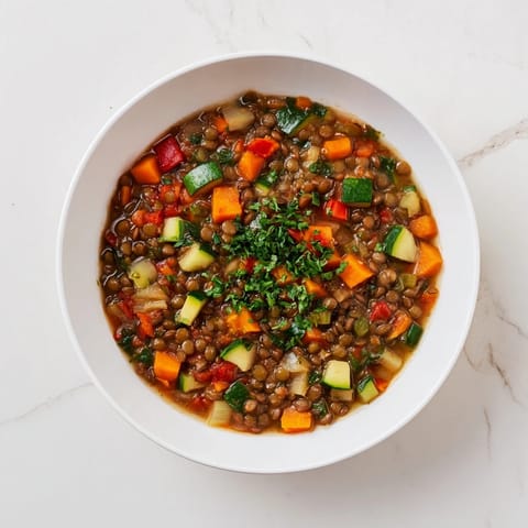 Steaming bowl of One-Pot Lentil & Vegetable Stew, seasoned with herbs for a flavorful, vegan dinner.