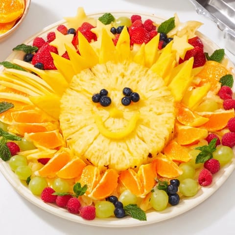 A delightful arrangement showing a Summer Rays Sun-Shaped Fruit Tray, ideal for summer parties and grazing.