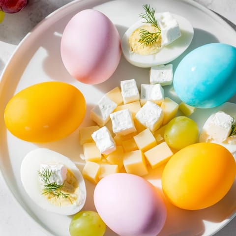 This Easter Egg-cellent Brunch Board showcases dyed eggs, vibrant berries, cheeses, and delicious breads for brunch.