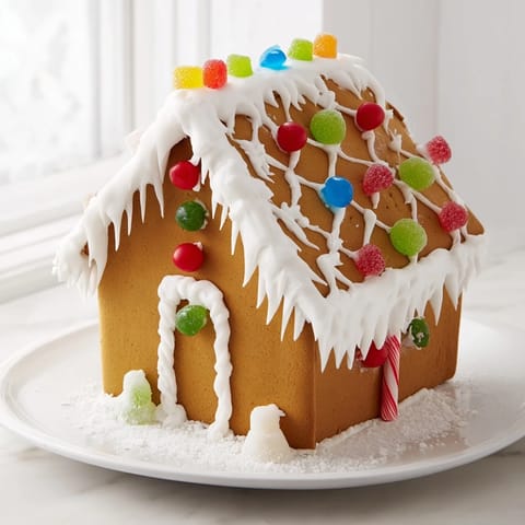 Festive gingerbread house, freshly baked and ready for decorating, with snowy sugar details.