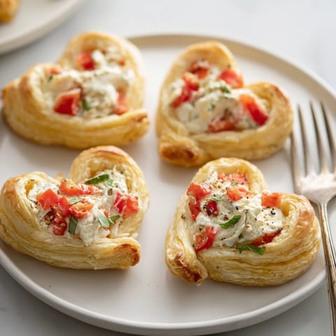 Valentine's Day Cœurs Entrelacés: intertwined pastry hearts with a goat cheese filling, garnished with herbs.