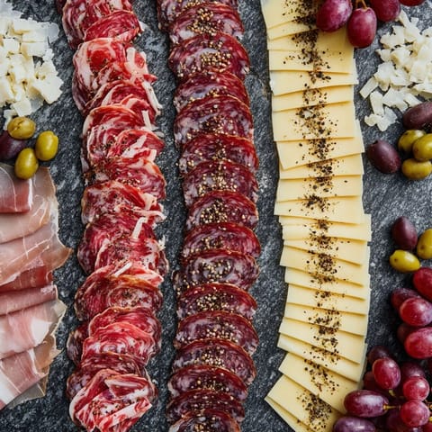 Vivid image of The Industrial Slate appetizer: Meats and cheeses on a dark slate board ready to enjoy.