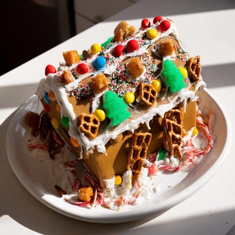 Colorful candies and royal icing adorn this festive, homemade gingerbread house kit.