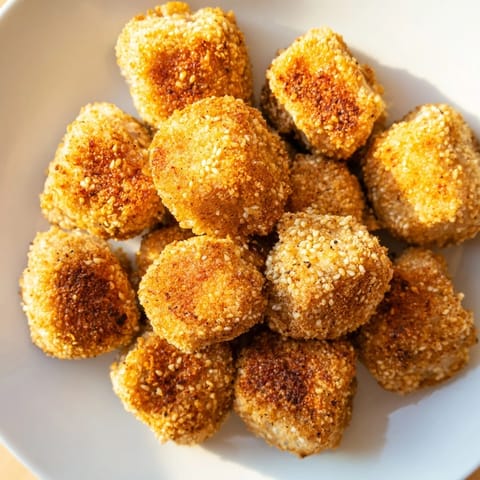 Close-up of baked Spicy Yogurt Chicken Bites, showing the juicy chicken and crunchy breadcrumb coating.