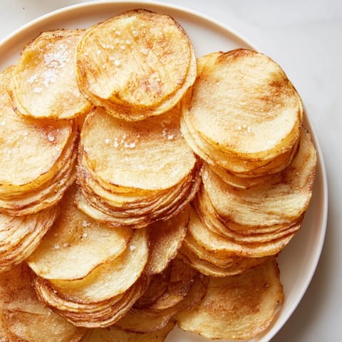Thinly sliced air-fryer potato chips, perfectly golden brown and easy to make at home.