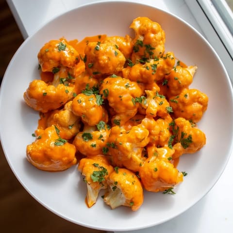 Vibrant image of crispy Sriracha-Buffalo Cauliflower Bites, ready to enjoy with veggie sticks and dip.