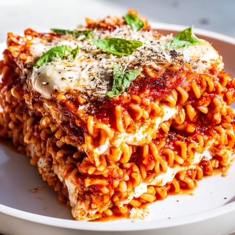Homemade Ramen Lasagna, a comforting fusion main dish, layered with cheese and tomato sauce.