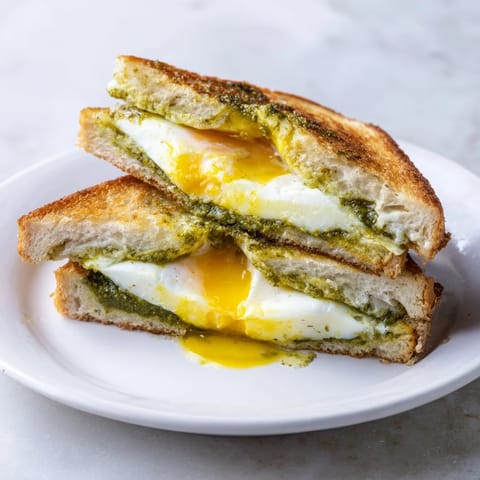 Close-up of a pesto egg grilled cheese with oozing cheese, perfect for a quick lunch.