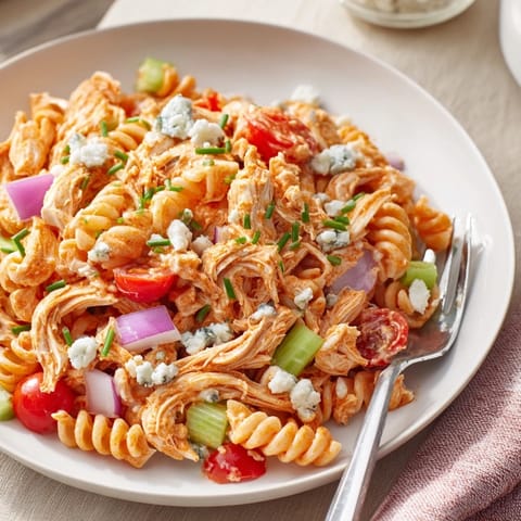 Gesäuberte Nudeln mit würziger Buffalo-Hähnchen-Mischung, frischen Tomaten und blauem Käse auf einer Platte für potlucks.