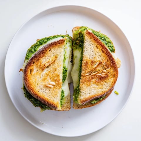 Ein belegtes Frühlings-Sandwich mit erbsen-basilikum-Pesto, knusprig gebratenem Sauerteigbrot und cremigem, geschmolzenem Käse.