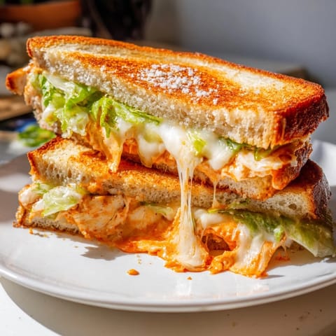 Buffalo Chicken Caesar Grilled Cheese sandwich with melted provolone and fresh romaine.