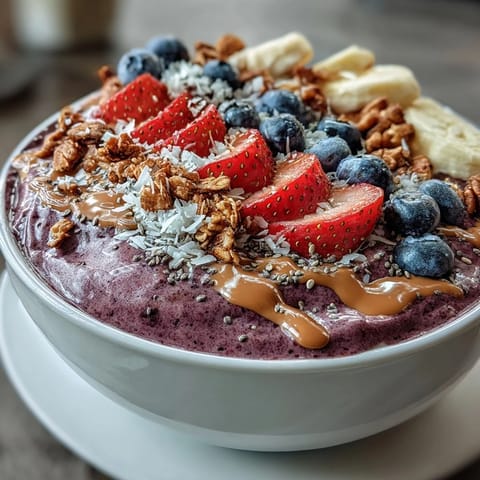 Fruchtiger Acai Berry Smoothie Bowl mit buntem Granola, Chiasamen und frisch geschnittenen Bananen.