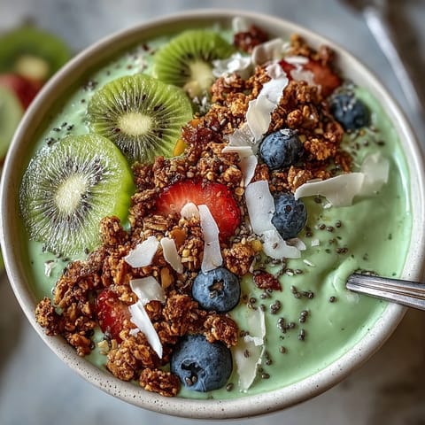 Fröhlicher grüner Smoothie-Bowl aus Spinat mit knusprigem Granola und bunten Früchten als gesunder Start in den Tag.  