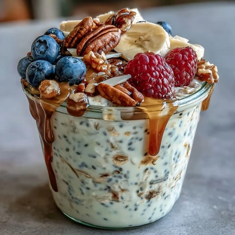 Dieses Overnight Oats mit Chia-Samen Rezept zeigt eine cremige, nahrhafte Frühstücksmischung in einem Mason-Jar, perfekt zum Mitnehmen.