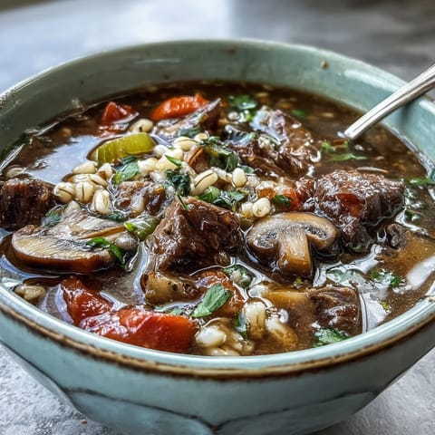 Steaming bowl of Vegetable Beef, Barley, and Mushroom Soup garnished with parsley for a cozy meal.