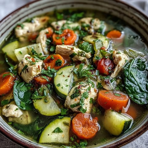 A warm ladle of golden turmeric chicken soup beside crusty bread slices.