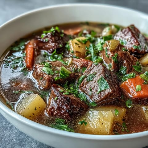 Beef and Vegetable Soup served in a white ceramic bowl with crusty bread.