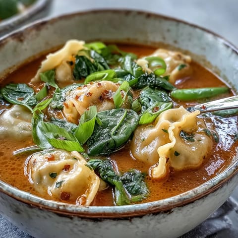 Red Curry Wonton Soup serviert mit Bok Choy, grünen Zwiebeln und Limettenspalten.