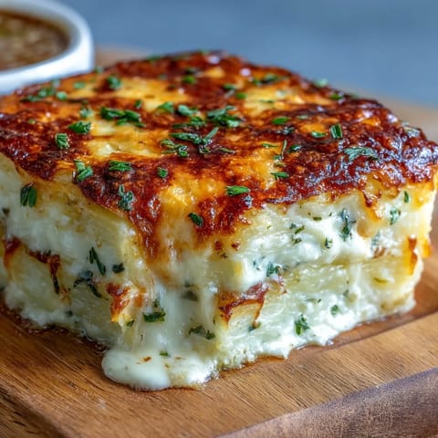Goldbraune Cheese and Potato Pie mit duftenden Zwiebellagen, würziger Senfsahne und frischen Schnittlauchstücken auf dem Tellerrand.