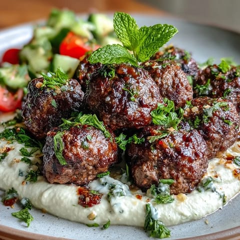 Leckere Venison Meatballs mit würziger Gewürzmischung und frischem Salat, serviert mit Hummus.