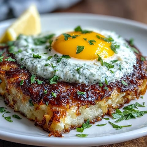 Malerisch angerichtete Celeriac Rösti mit cremiger Harissa-Joghurt-Tunke und sonnigem Spiegelei, serviert mit frischen Kräutern für eine saisonale Vegetarier-Mahlzeit.