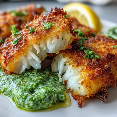 Frisch aus dem Ofen gebackene Haddock Goujons mit Parmesan-Panade und leuchtend grüner Erbsen-Pesto.